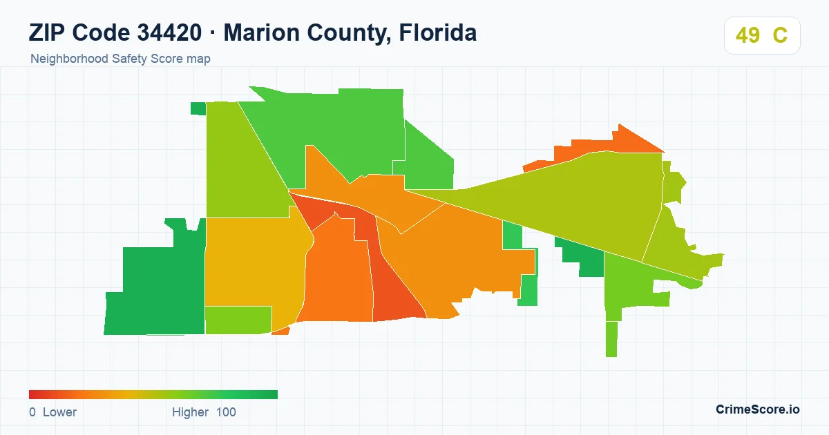 ZIP Code 34420 in Marion County, Florida neighborhood Safety Score map