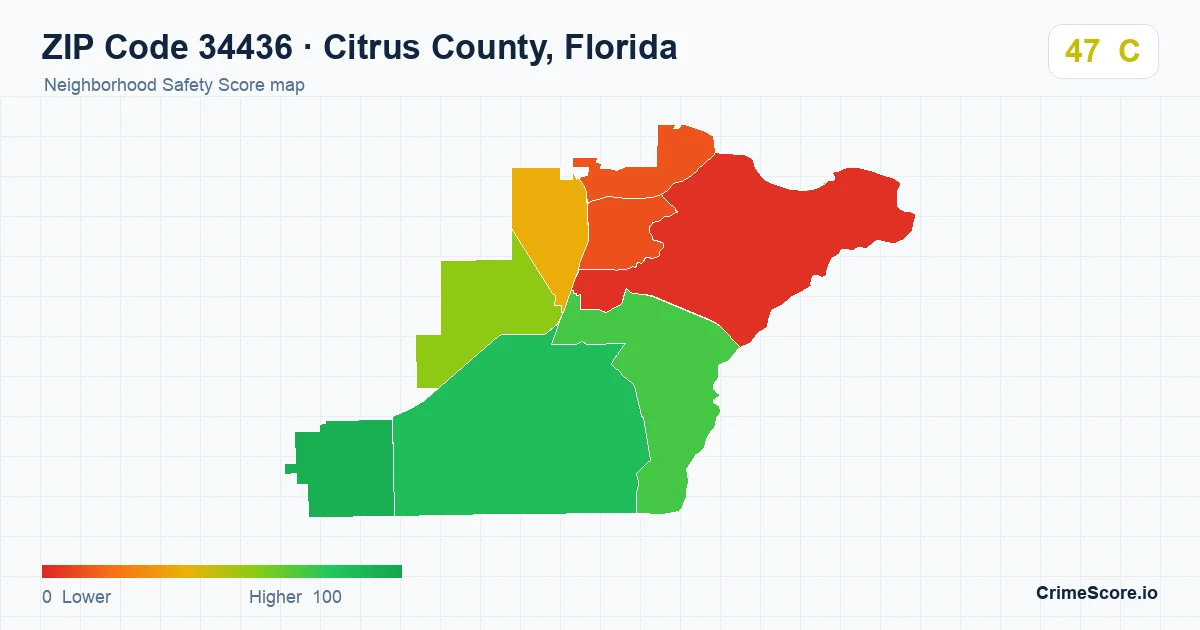 ZIP Code 34436 in Citrus County, Florida neighborhood Safety Score map