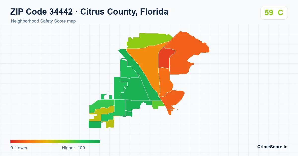 ZIP Code 34442 in Citrus County, Florida neighborhood Safety Score map