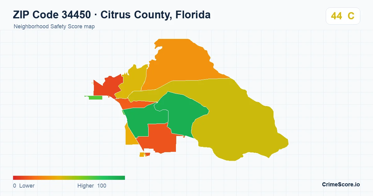 ZIP Code 34450 in Citrus County, Florida neighborhood Safety Score map