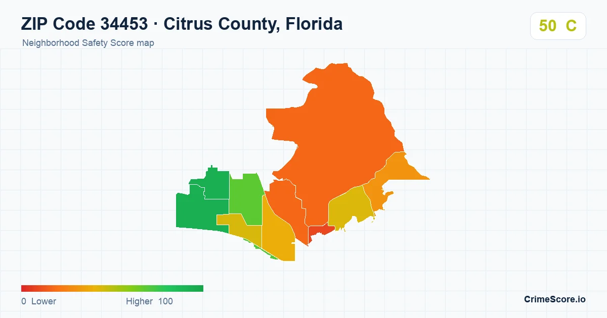 ZIP Code 34453 in Citrus County, Florida neighborhood Safety Score map
