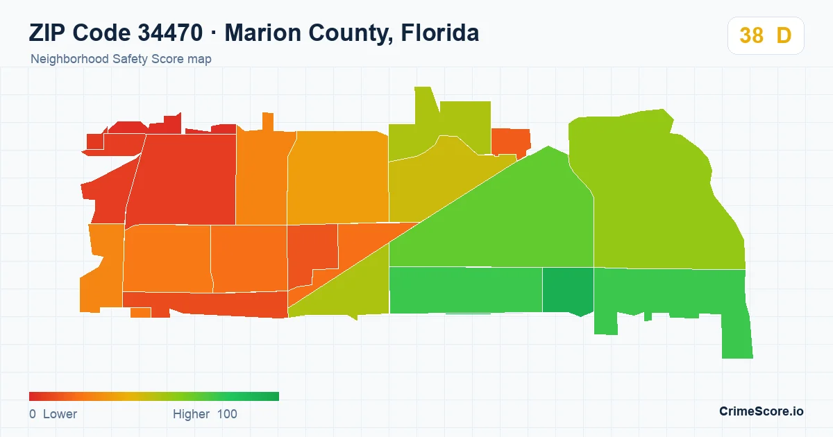 ZIP Code 34470 in Marion County, Florida neighborhood Safety Score map
