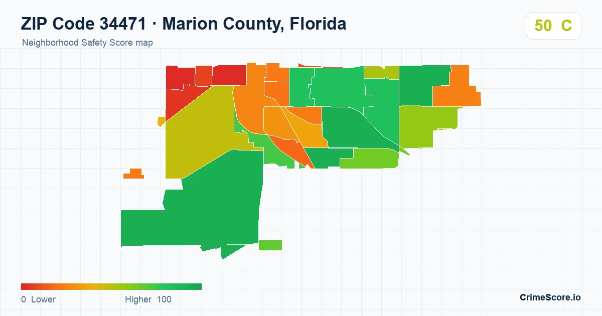ZIP Code 34471 in Marion County, Florida neighborhood Safety Score map