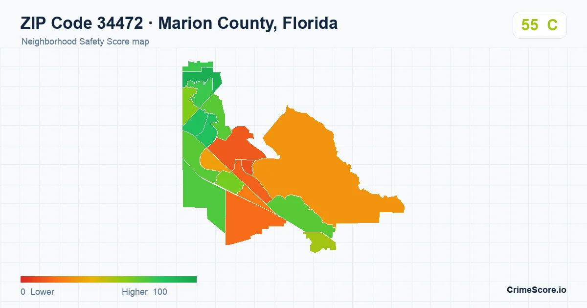 ZIP Code 34472 in Marion County, Florida neighborhood Safety Score map