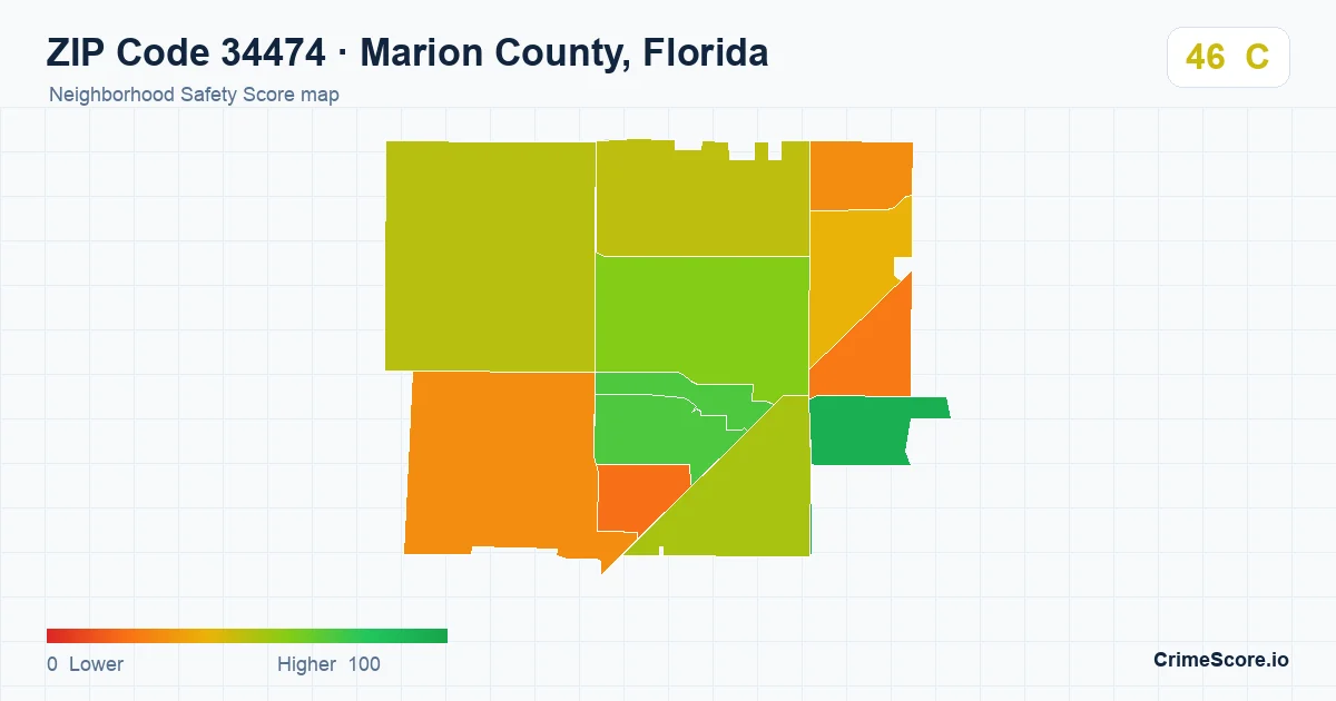 ZIP Code 34474 in Marion County, Florida neighborhood Safety Score map
