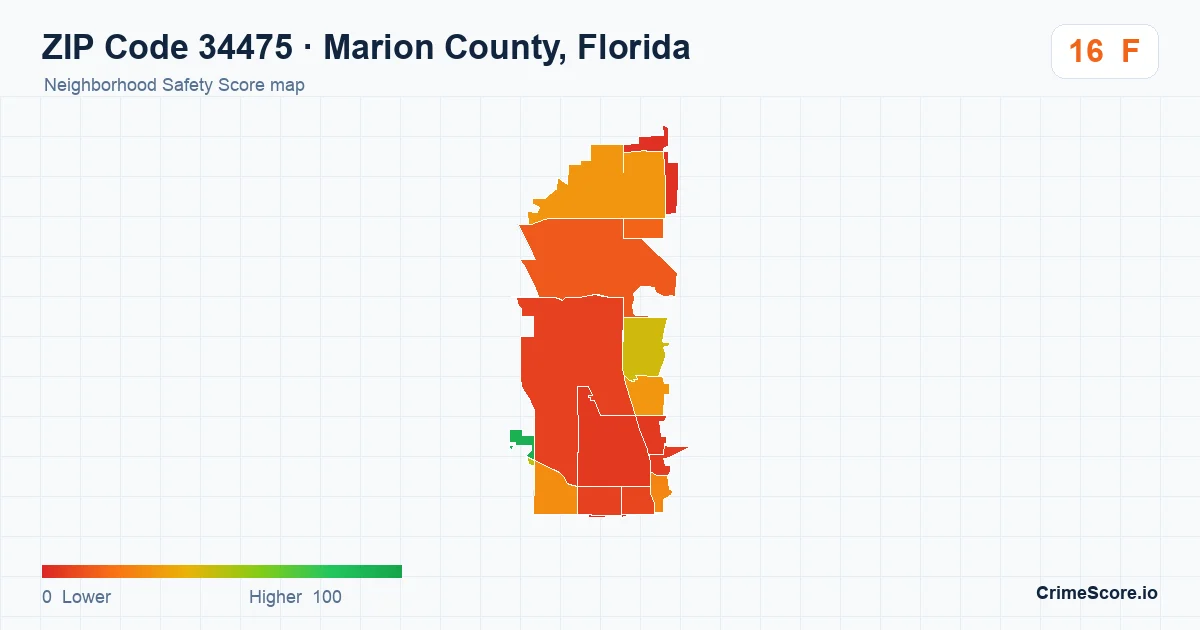 ZIP Code 34475 in Marion County, Florida neighborhood Safety Score map