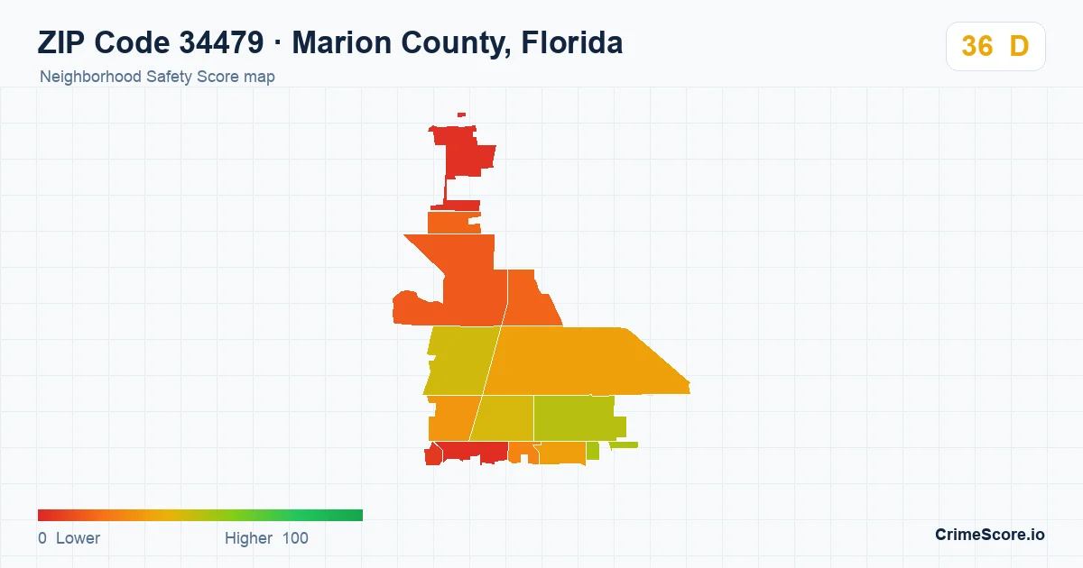 ZIP Code 34479 in Marion County, Florida neighborhood Safety Score map