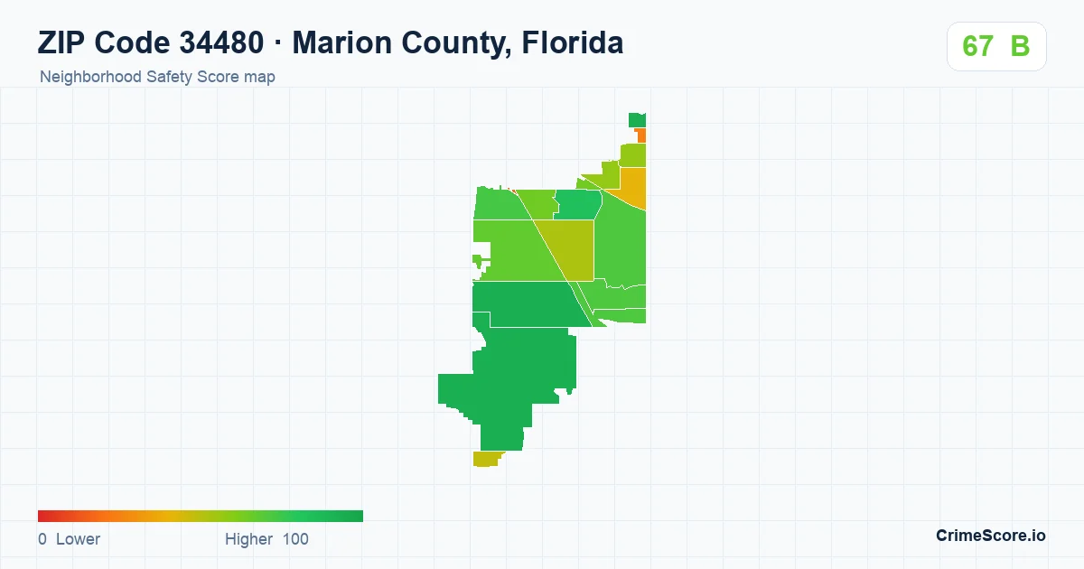 ZIP Code 34480 in Marion County, Florida neighborhood Safety Score map