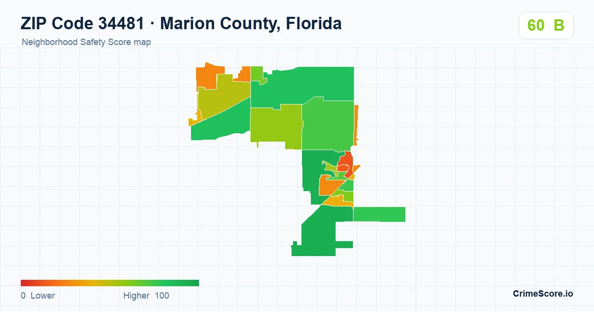 ZIP Code 34481 in Marion County, Florida neighborhood Safety Score map