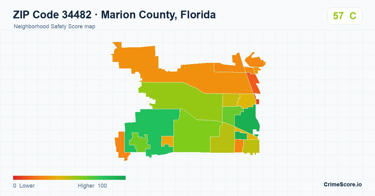 ZIP Code 34482 in Marion County, Florida neighborhood Safety Score map