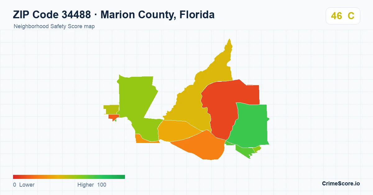 ZIP Code 34488 in Marion County, Florida neighborhood Safety Score map