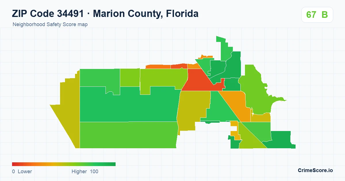 ZIP Code 34491 in Marion County, Florida neighborhood Safety Score map