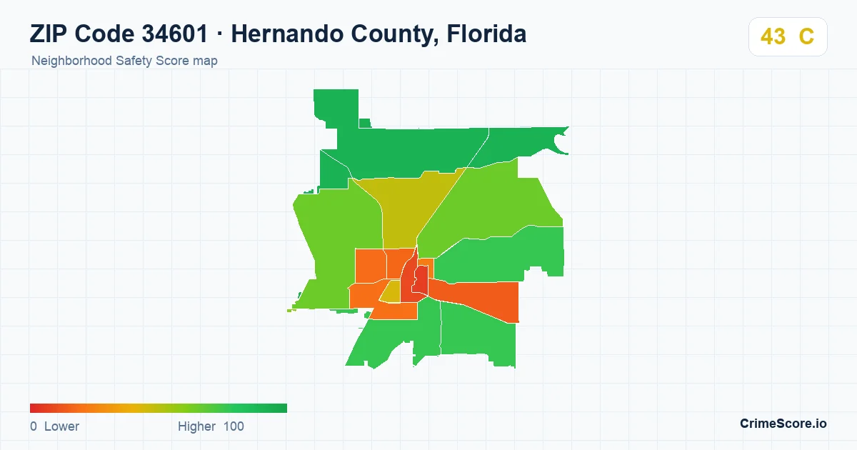 ZIP Code 34601 in Hernando County, Florida neighborhood Safety Score map