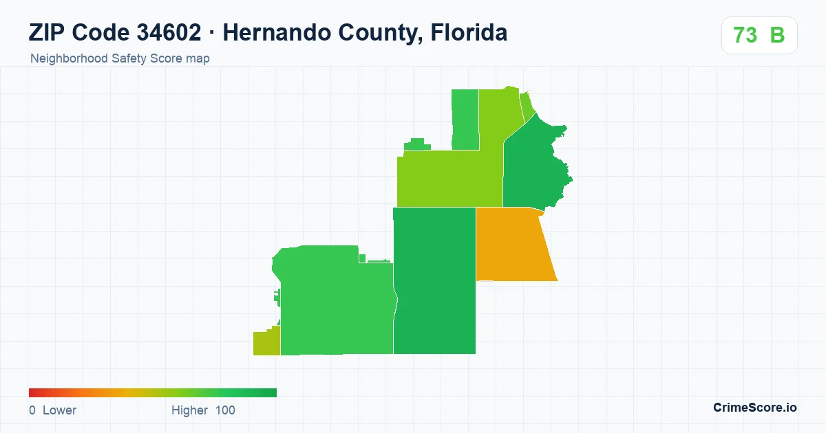 ZIP Code 34602 in Hernando County, Florida neighborhood Safety Score map
