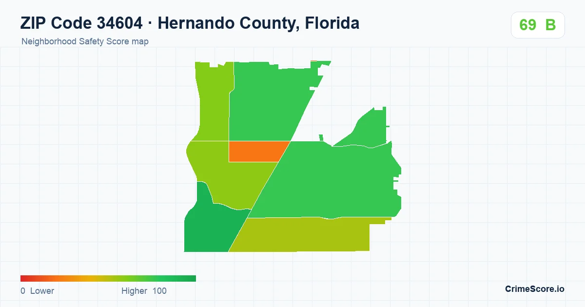 ZIP Code 34604 in Hernando County, Florida neighborhood Safety Score map
