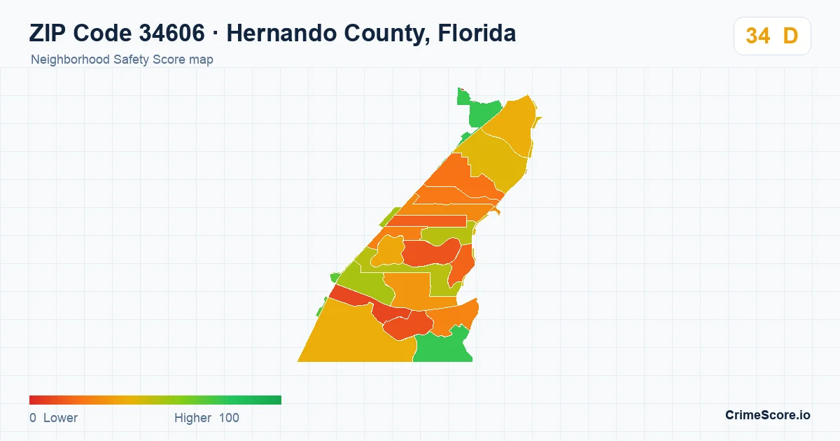 ZIP Code 34606 in Hernando County, Florida neighborhood Safety Score map
