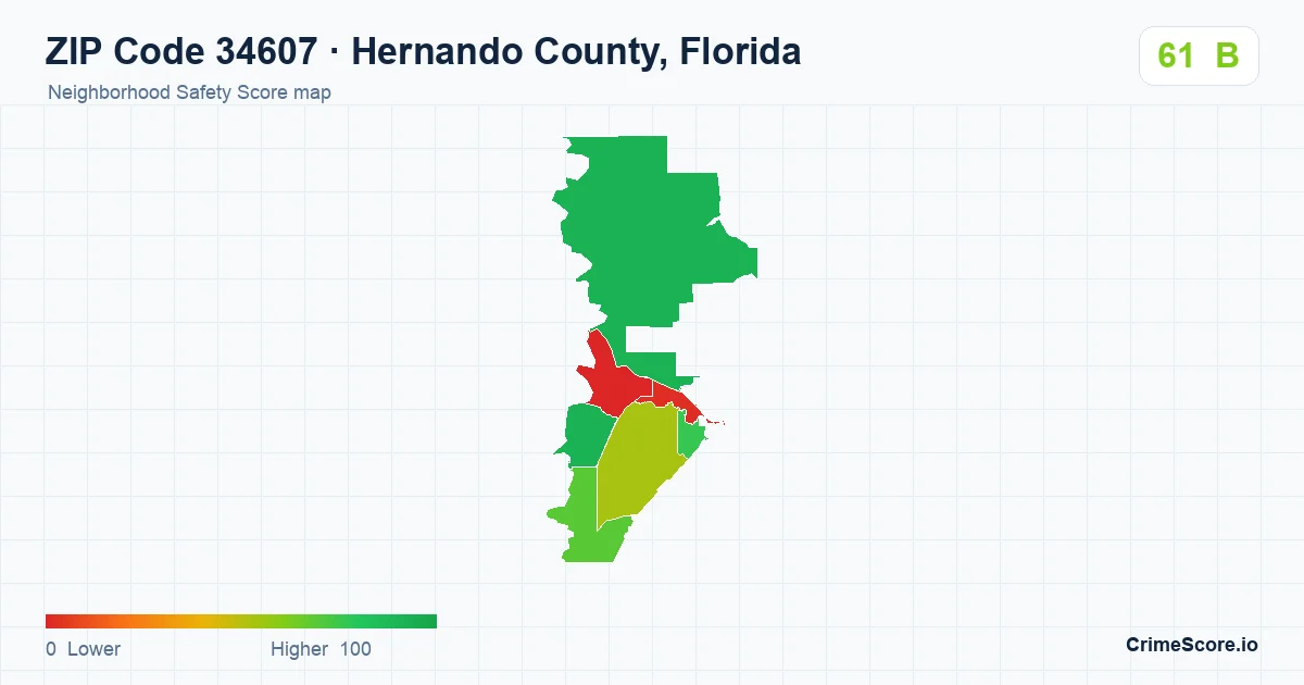 ZIP Code 34607 in Hernando County, Florida neighborhood Safety Score map