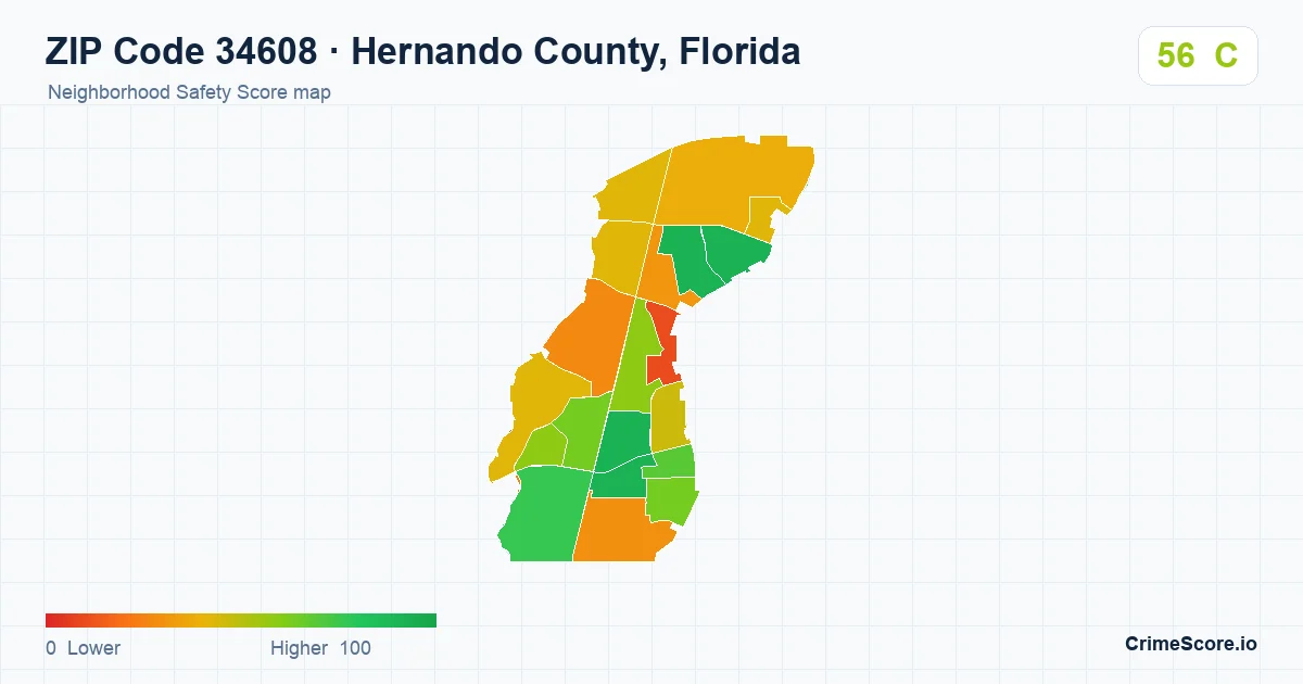 ZIP Code 34608 in Hernando County, Florida neighborhood Safety Score map