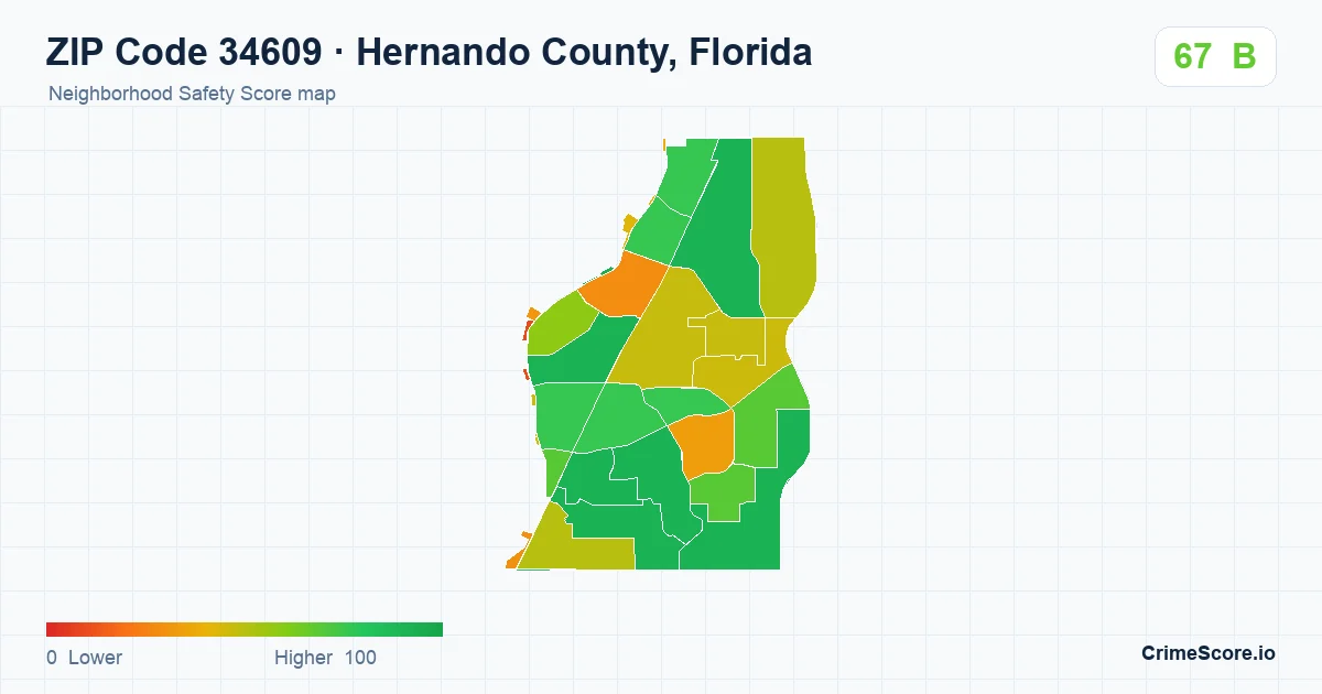 ZIP Code 34609 in Hernando County, Florida neighborhood Safety Score map