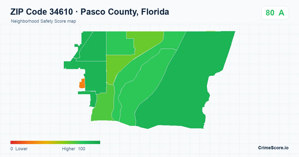 ZIP Code 34610 in Pasco County, Florida neighborhood Safety Score map