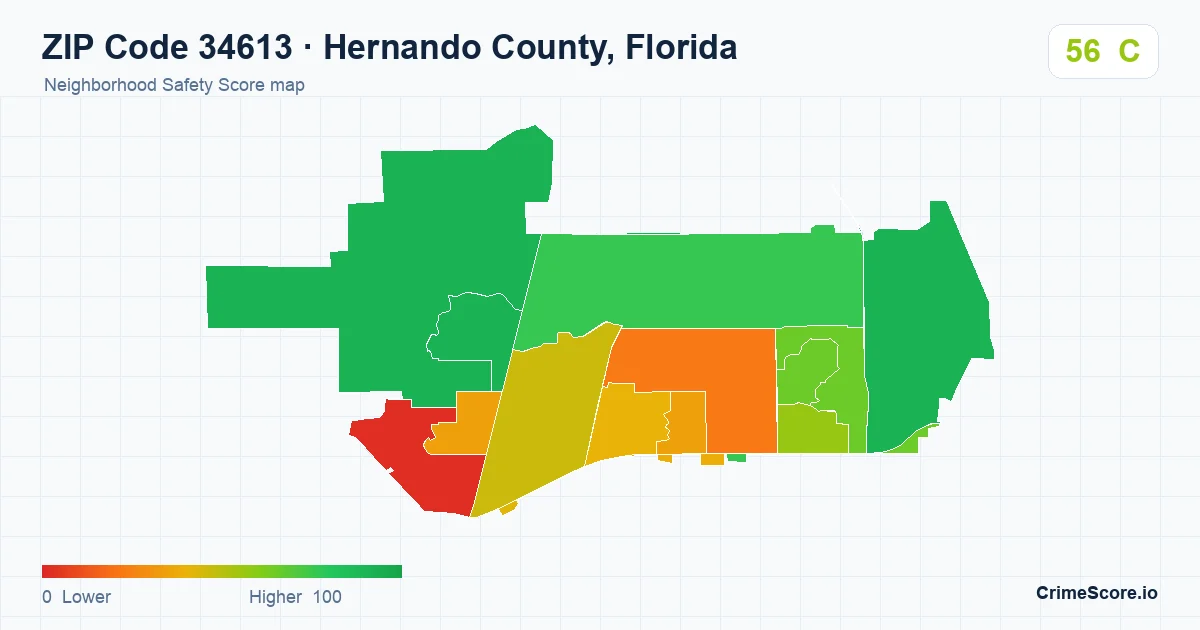 ZIP Code 34613 in Hernando County, Florida neighborhood Safety Score map