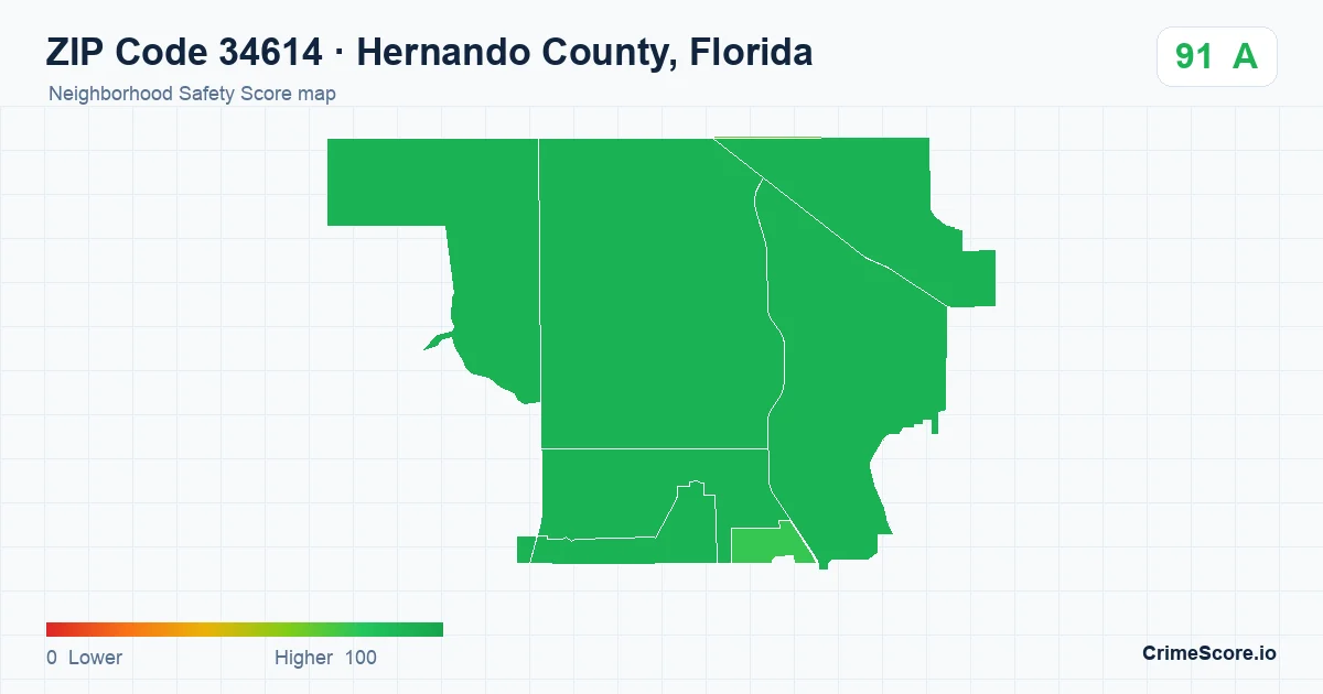 ZIP Code 34614 in Hernando County, Florida neighborhood Safety Score map