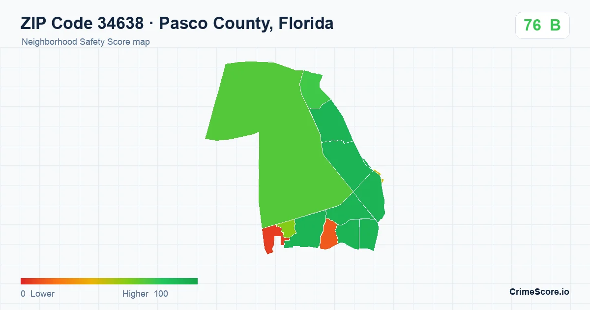 ZIP Code 34638 in Pasco County, Florida neighborhood Safety Score map