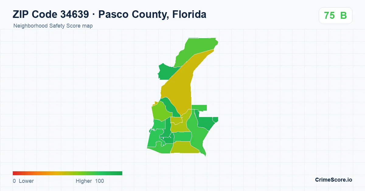 ZIP Code 34639 in Pasco County, Florida neighborhood Safety Score map