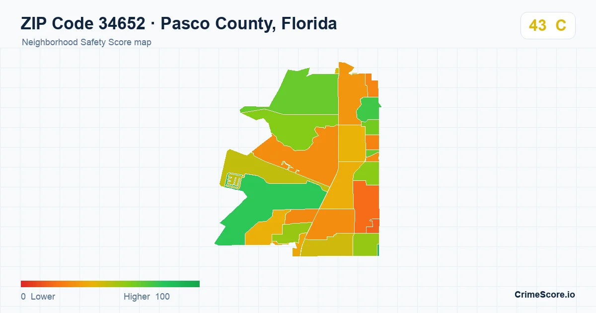 ZIP Code 34652 in Pasco County, Florida neighborhood Safety Score map
