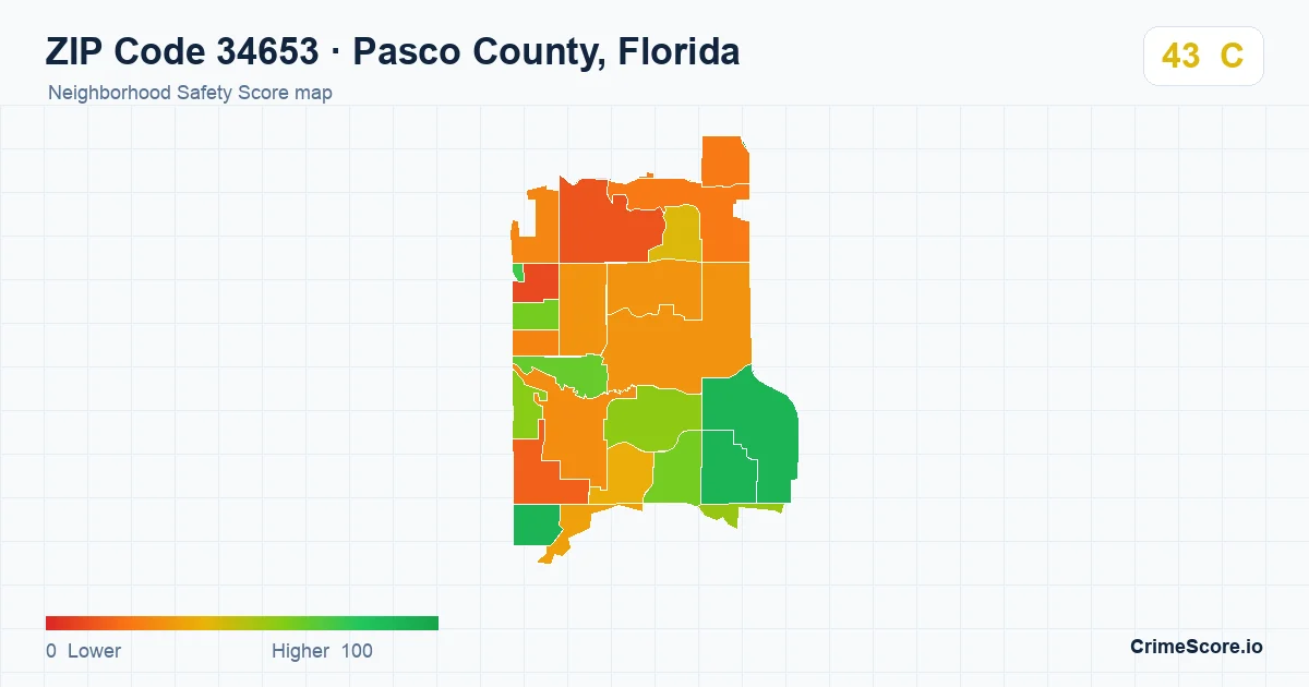 ZIP Code 34653 in Pasco County, Florida neighborhood Safety Score map