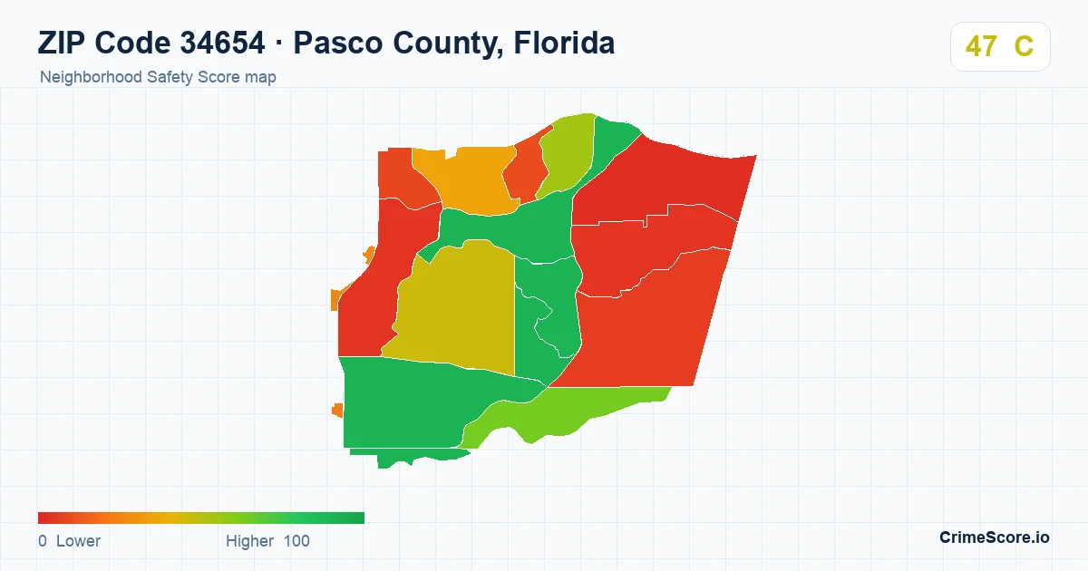 ZIP Code 34654 in Pasco County, Florida neighborhood Safety Score map