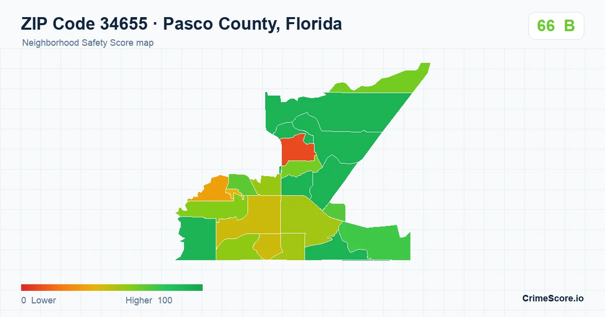 ZIP Code 34655 in Pasco County, Florida neighborhood Safety Score map