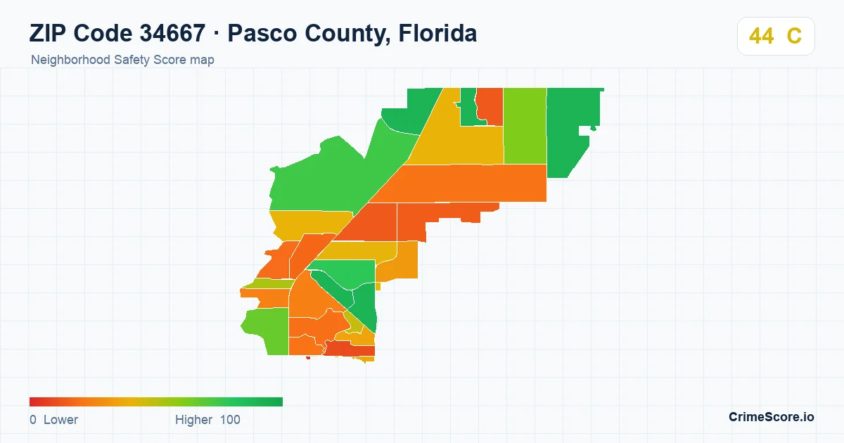 ZIP Code 34667 in Pasco County, Florida neighborhood Safety Score map
