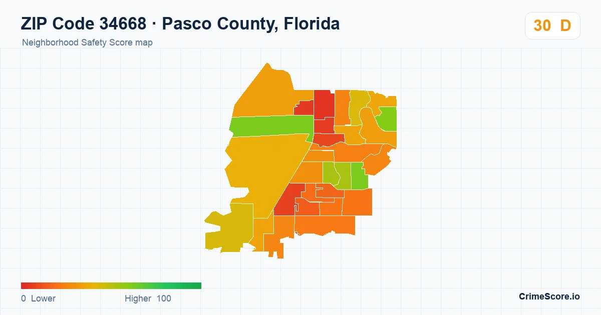 ZIP Code 34668 in Pasco County, Florida neighborhood Safety Score map