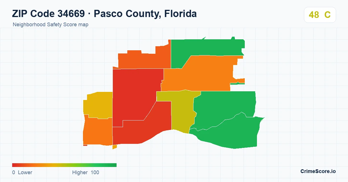 ZIP Code 34669 in Pasco County, Florida neighborhood Safety Score map