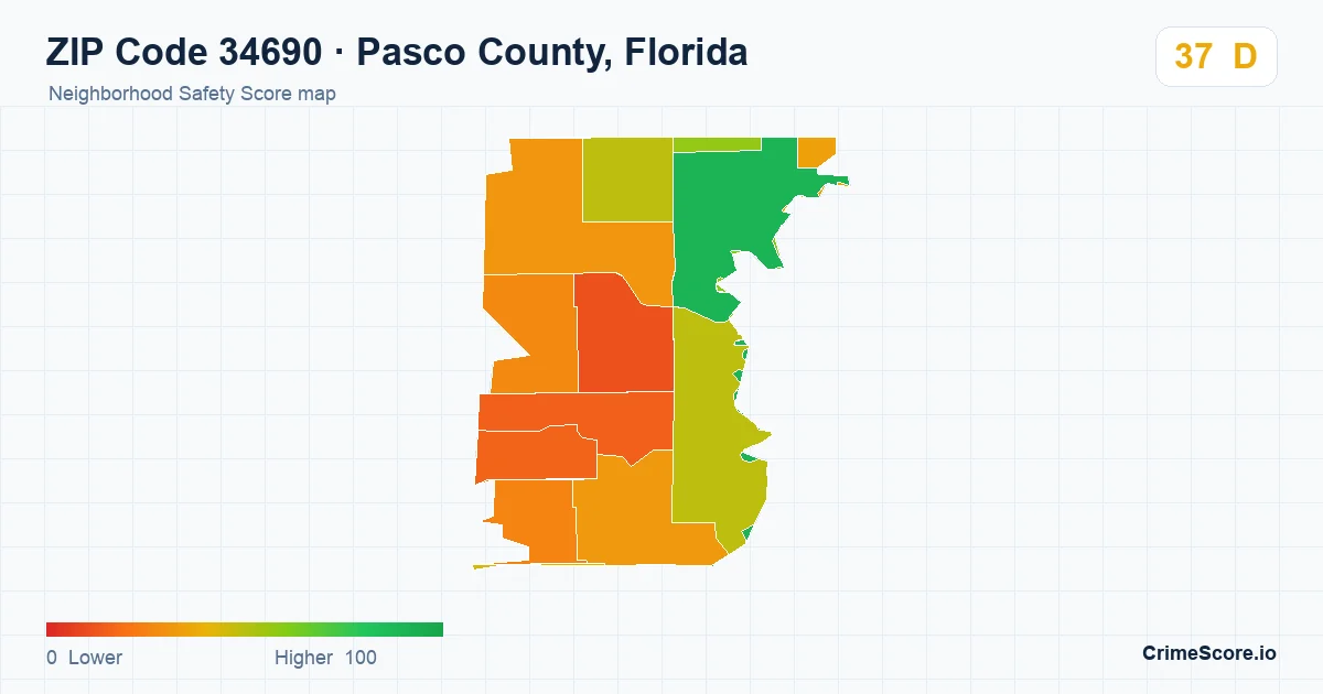 ZIP Code 34690 in Pasco County, Florida neighborhood Safety Score map