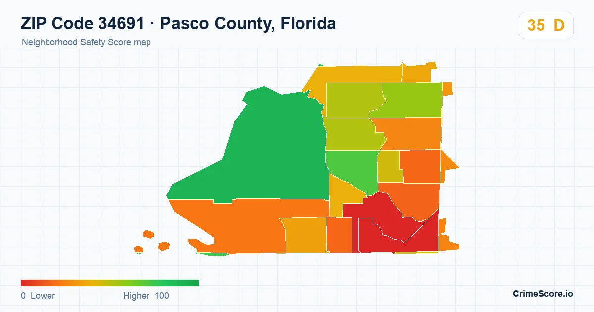 ZIP Code 34691 in Pasco County, Florida neighborhood Safety Score map
