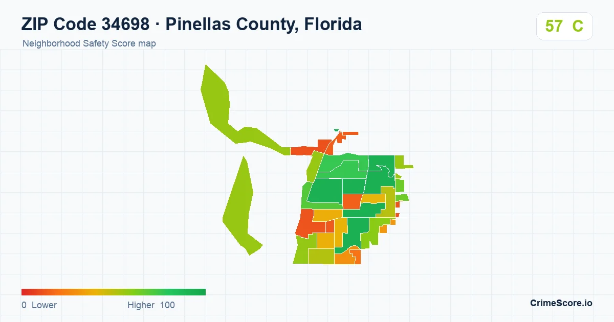 ZIP Code 34698 in Pinellas County, Florida neighborhood Safety Score map