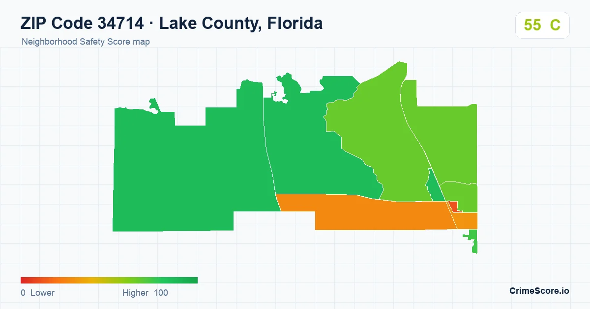 ZIP Code 34714 in Lake County, Florida neighborhood Safety Score map