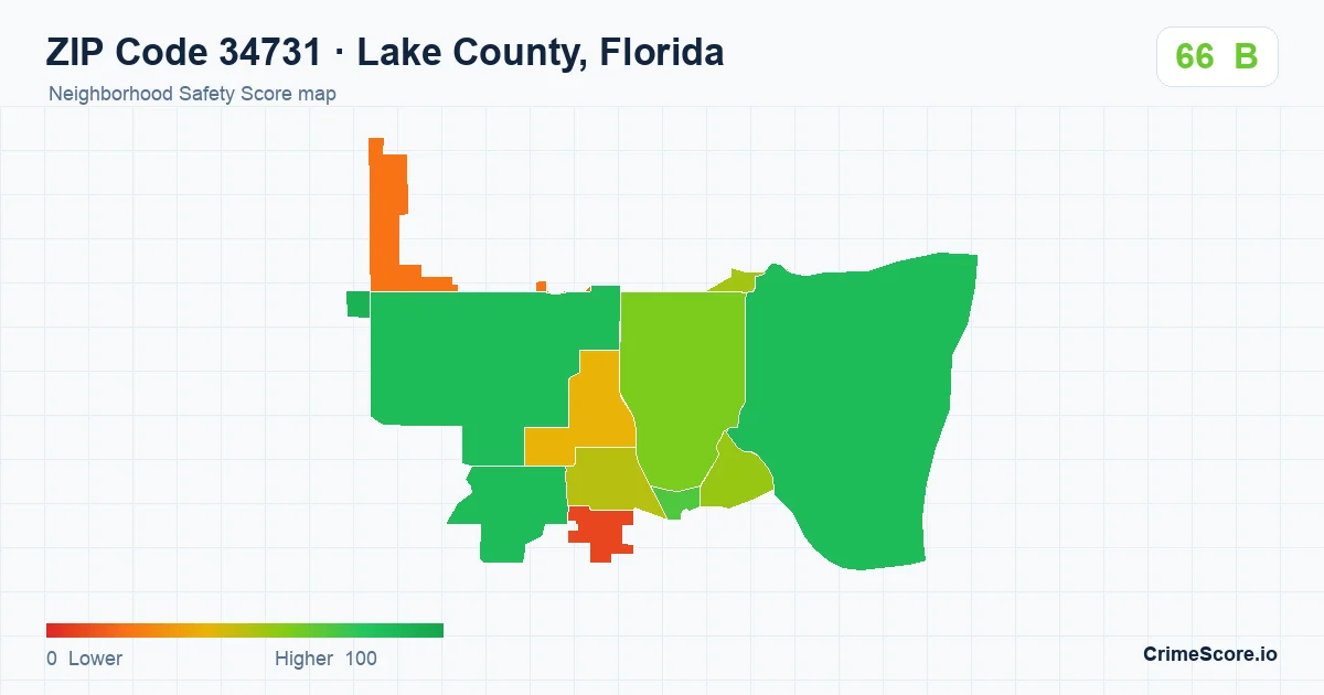 ZIP Code 34731 in Lake County, Florida neighborhood Safety Score map