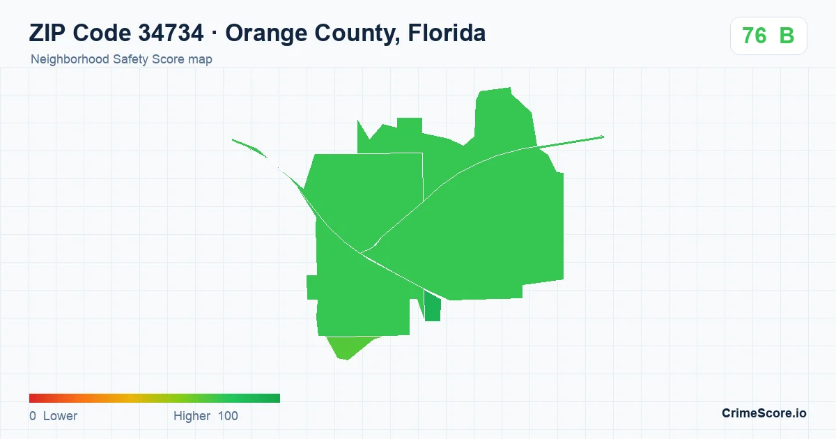 ZIP Code 34734 in Orange County, Florida neighborhood Safety Score map