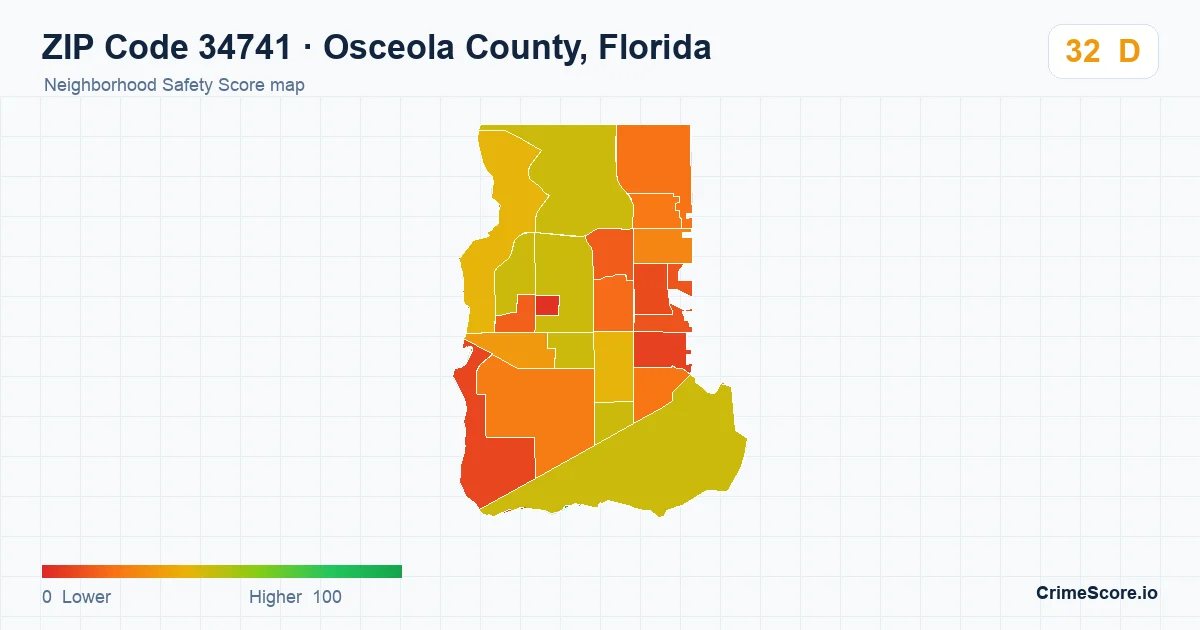 ZIP Code 34741 in Osceola County, Florida neighborhood Safety Score map