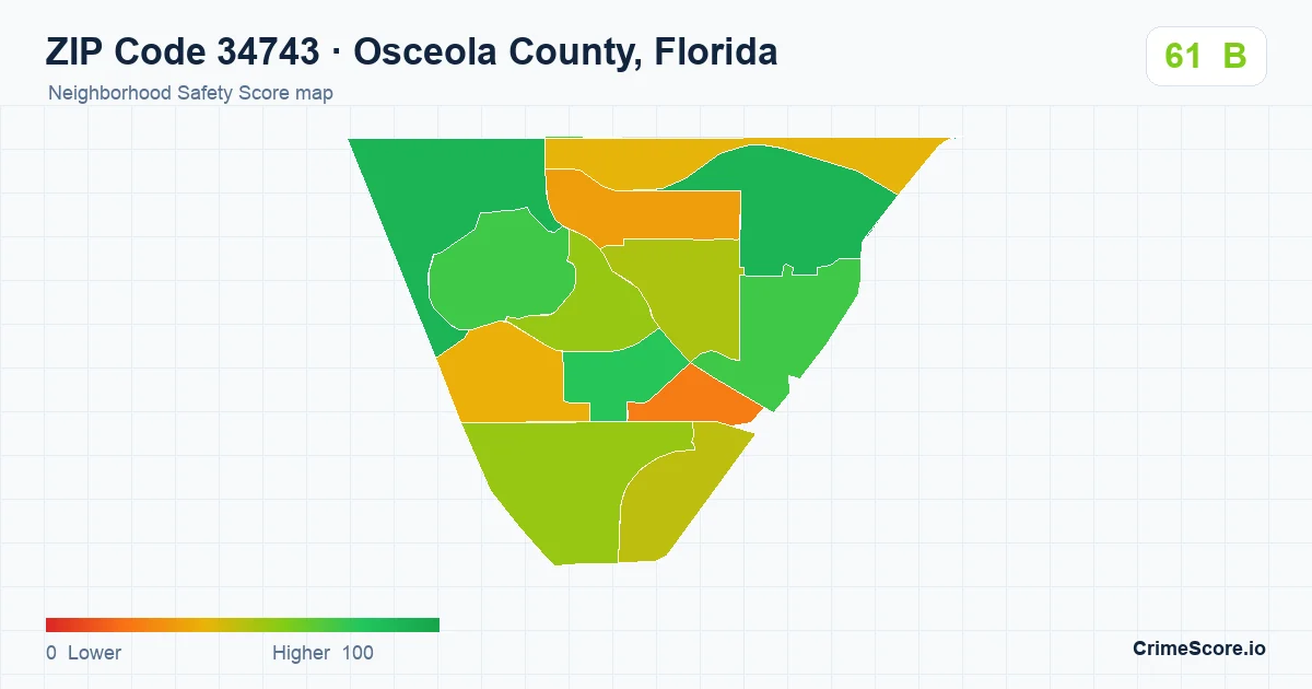 ZIP Code 34743 in Osceola County, Florida neighborhood Safety Score map