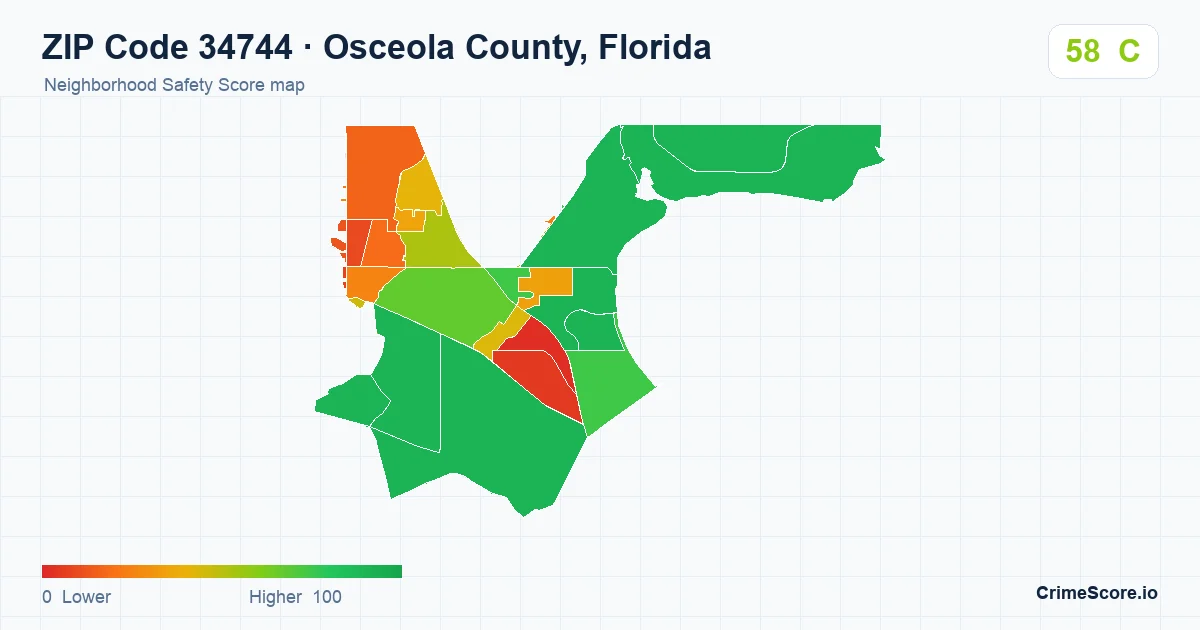 ZIP Code 34744 in Osceola County, Florida neighborhood Safety Score map