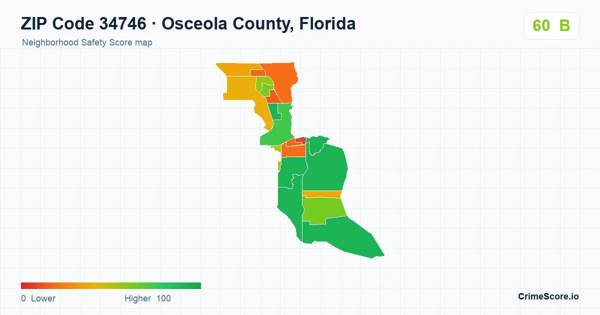 ZIP Code 34746 in Osceola County, Florida neighborhood Safety Score map