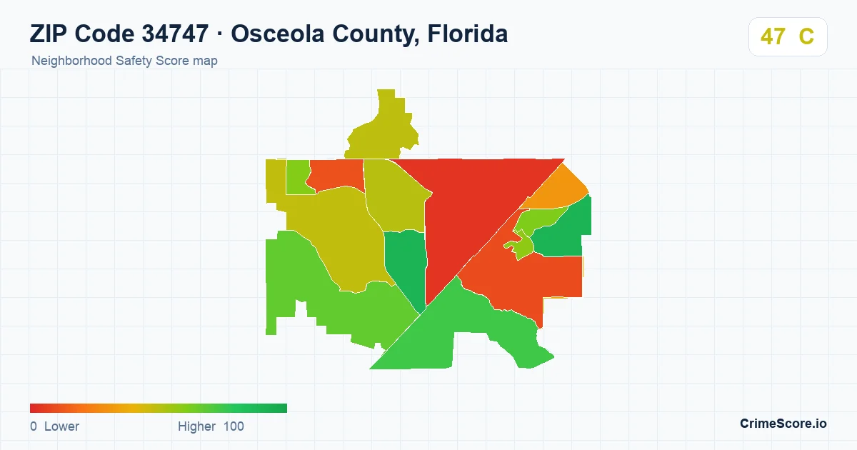 ZIP Code 34747 in Osceola County, Florida neighborhood Safety Score map