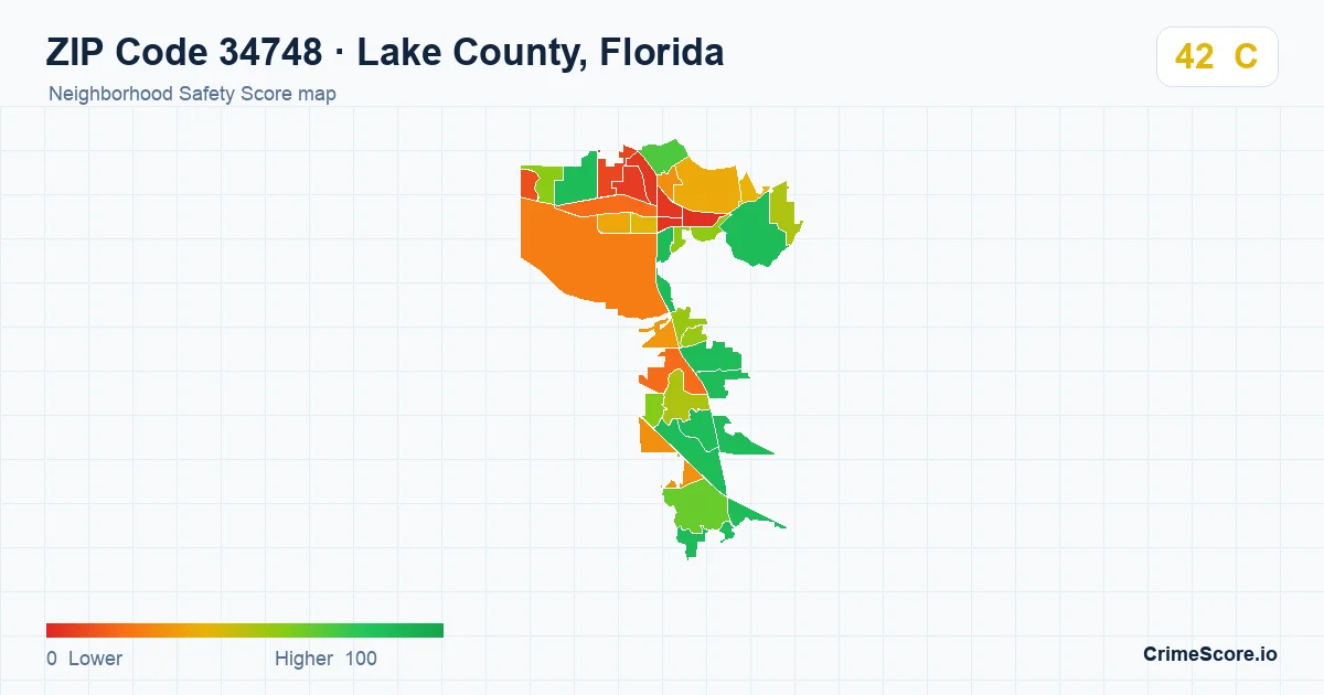 ZIP Code 34748 in Lake County, Florida neighborhood Safety Score map