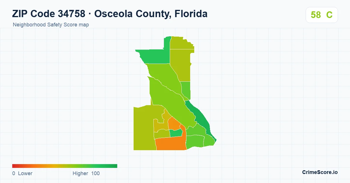 ZIP Code 34758 in Osceola County, Florida neighborhood Safety Score map