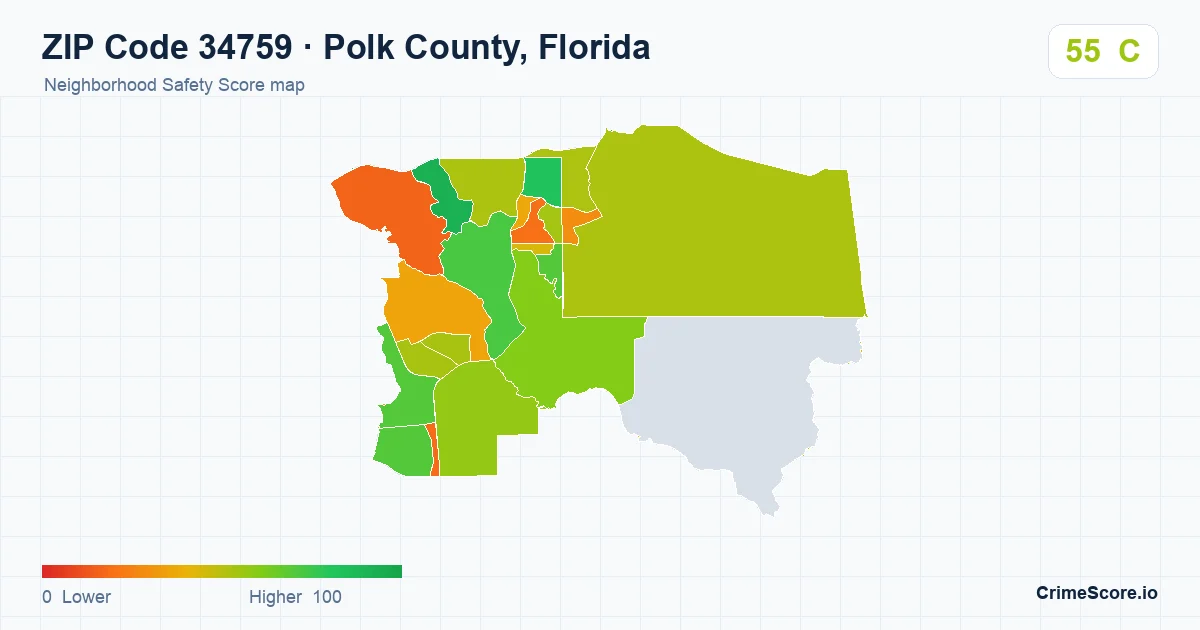 ZIP Code 34759 in Polk County, Florida neighborhood Safety Score map