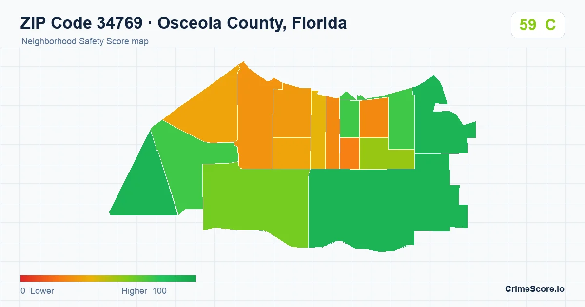 ZIP Code 34769 in Osceola County, Florida neighborhood Safety Score map